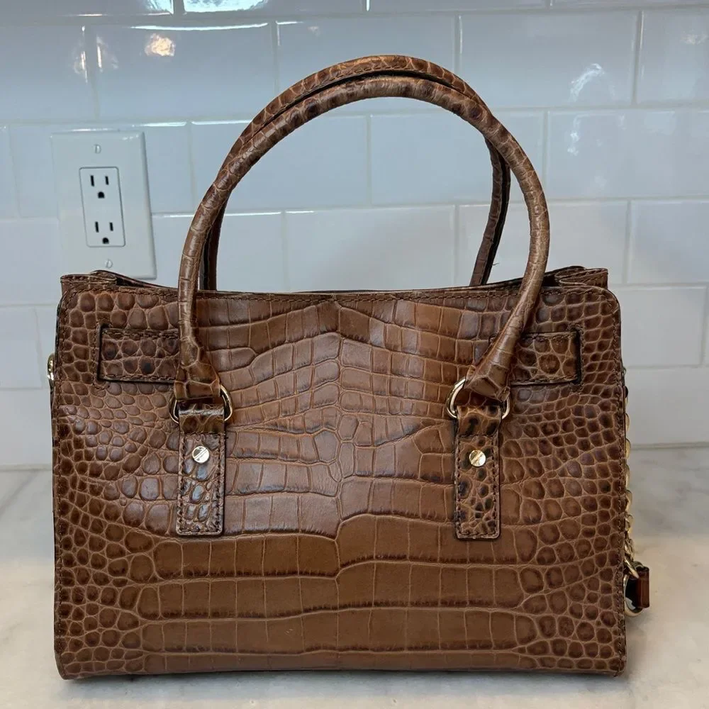 Michael Kors Bag Purse Handbag Croc Embossed Leather Brown Hamilton Tote Bag